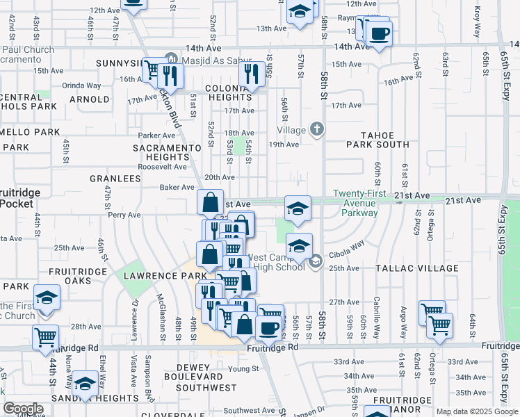 map of restaurants, bars, coffee shops, grocery stores, and more near 4549 54th Street in Sacramento