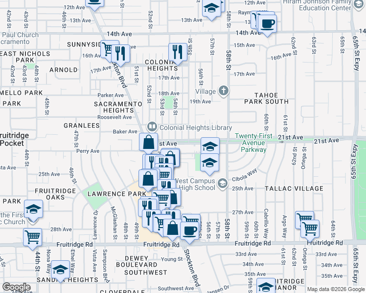 map of restaurants, bars, coffee shops, grocery stores, and more near 4549 54th Street in Sacramento