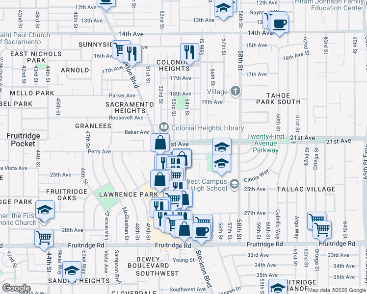 map of restaurants, bars, coffee shops, grocery stores, and more near 4549 54th Street in Sacramento
