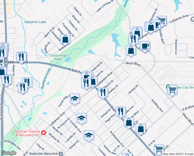 map of restaurants, bars, coffee shops, grocery stores, and more near 1333 Orchard Street in Belleville