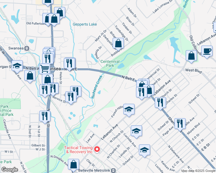 map of restaurants, bars, coffee shops, grocery stores, and more near 317 North Belt East in Belleville