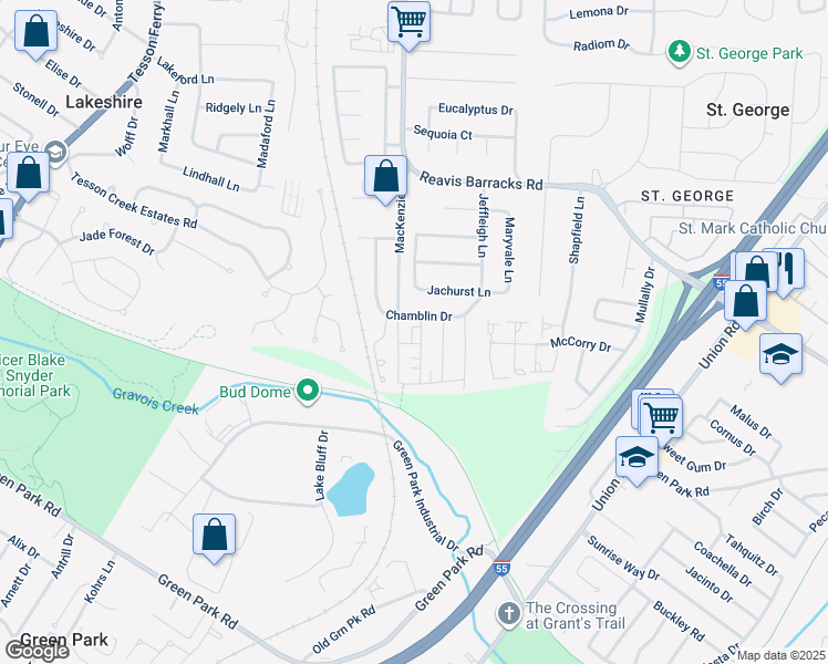 map of restaurants, bars, coffee shops, grocery stores, and more near 10200 Marble Arch Lane in Affton