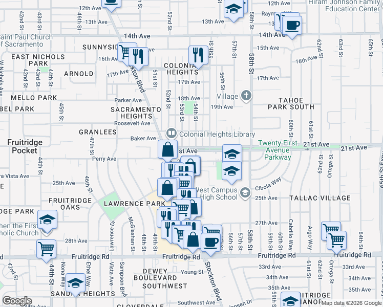 map of restaurants, bars, coffee shops, grocery stores, and more near 4549 54th Street in Sacramento