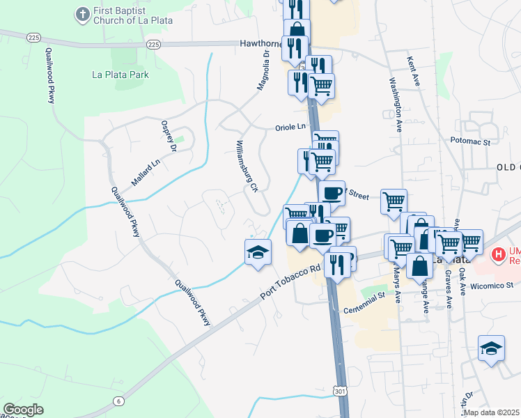 map of restaurants, bars, coffee shops, grocery stores, and more near 133 Hawthorne Greene Circle in La Plata