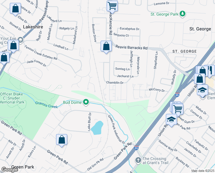 map of restaurants, bars, coffee shops, grocery stores, and more near 10200 Jeffrey David Court in Affton