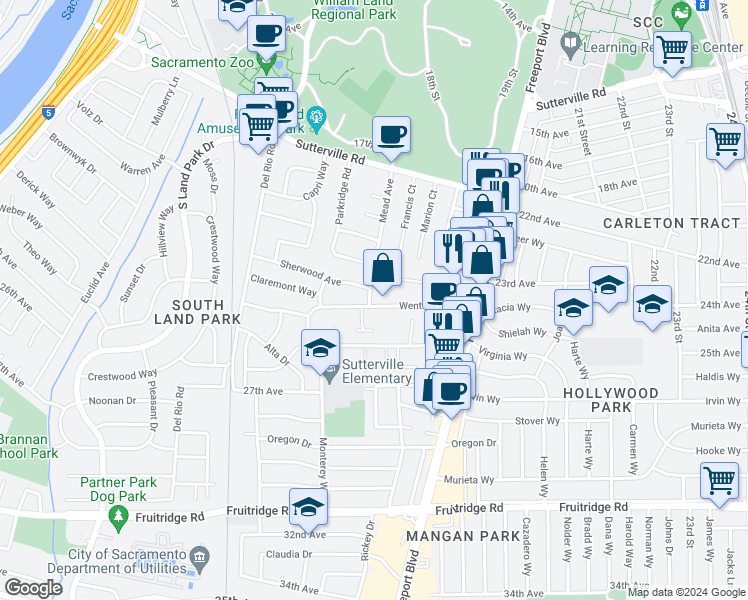 map of restaurants, bars, coffee shops, grocery stores, and more near 4785 Mead Avenue in Sacramento