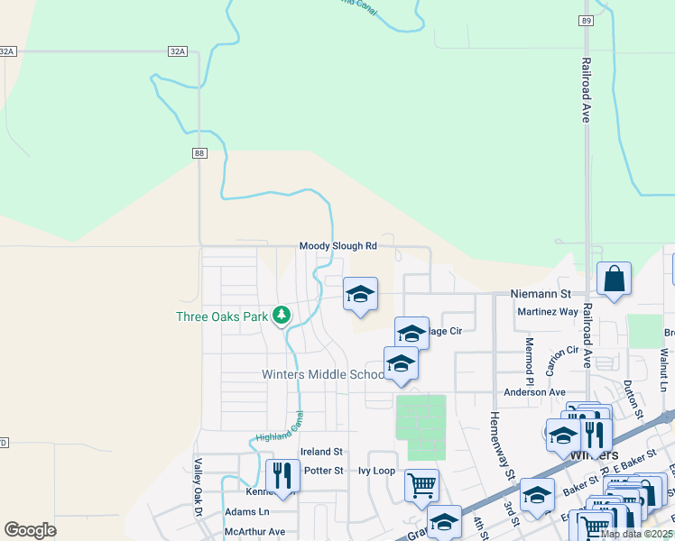 map of restaurants, bars, coffee shops, grocery stores, and more near 792 Richie Way in Winters