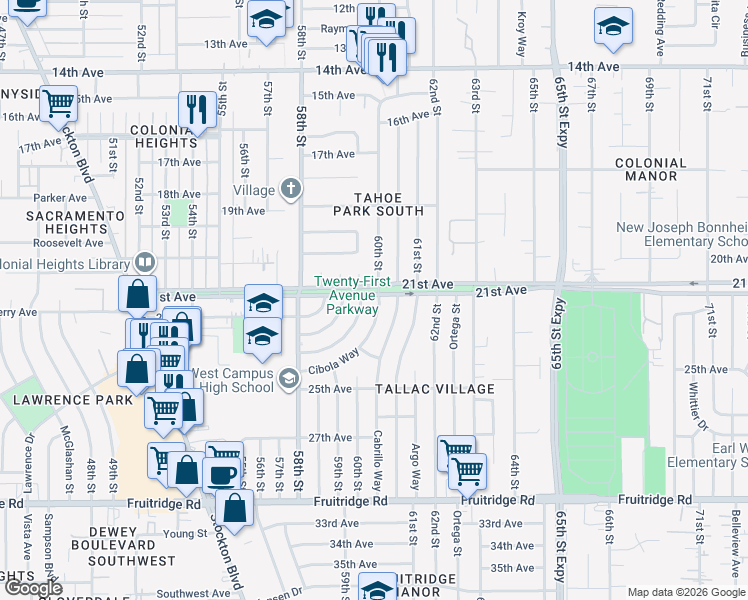 map of restaurants, bars, coffee shops, grocery stores, and more near 4800 Cibola Way in Sacramento