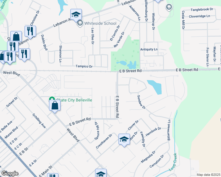 map of restaurants, bars, coffee shops, grocery stores, and more near 2775 East B Street Road in Belleville