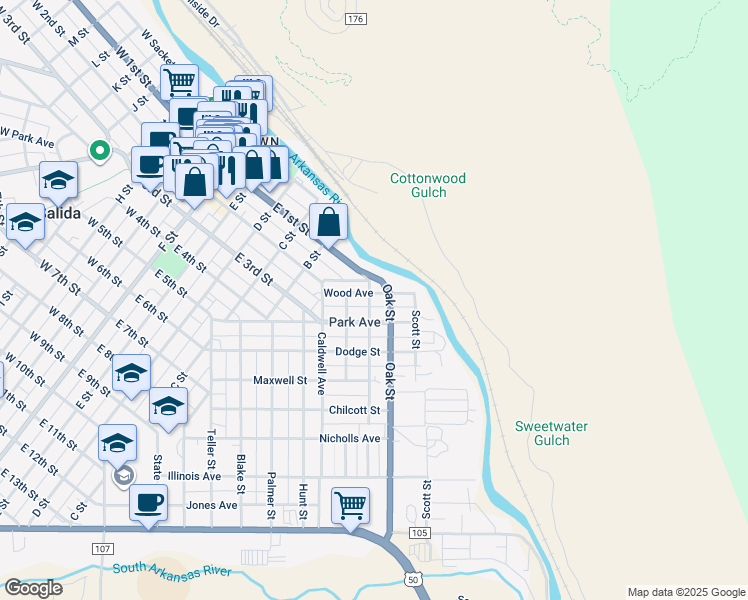 map of restaurants, bars, coffee shops, grocery stores, and more near 301 Wood Avenue in Salida