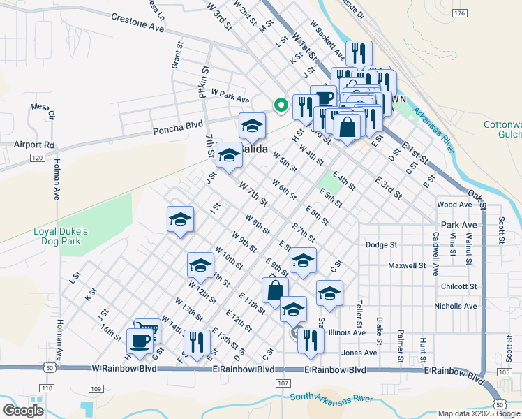 map of restaurants, bars, coffee shops, grocery stores, and more near 729 H Street in Salida