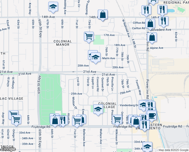 map of restaurants, bars, coffee shops, grocery stores, and more near 4817 Concord Road in Sacramento