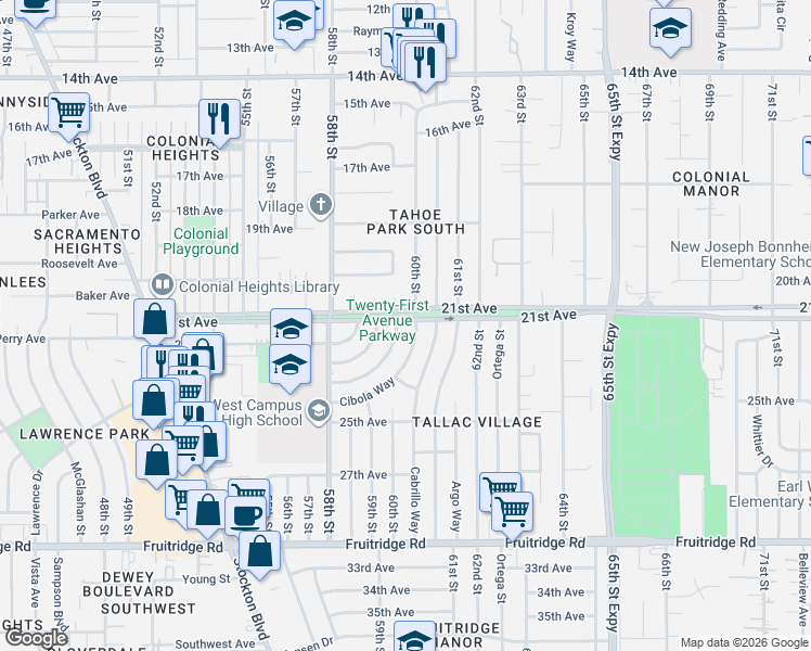 map of restaurants, bars, coffee shops, grocery stores, and more near 4800 Cibola Way in Sacramento
