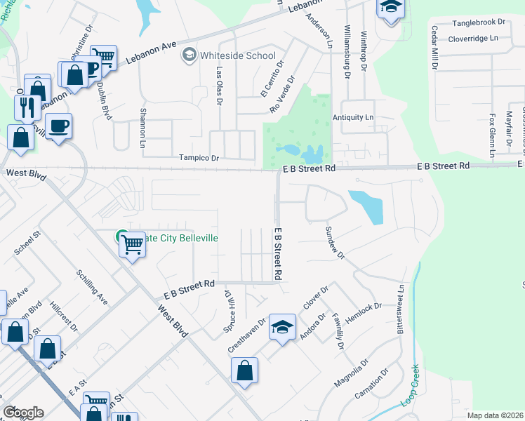 map of restaurants, bars, coffee shops, grocery stores, and more near 2775 East B Street Road in Belleville