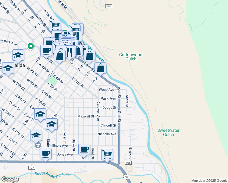 map of restaurants, bars, coffee shops, grocery stores, and more near 301 Wood Avenue in Salida