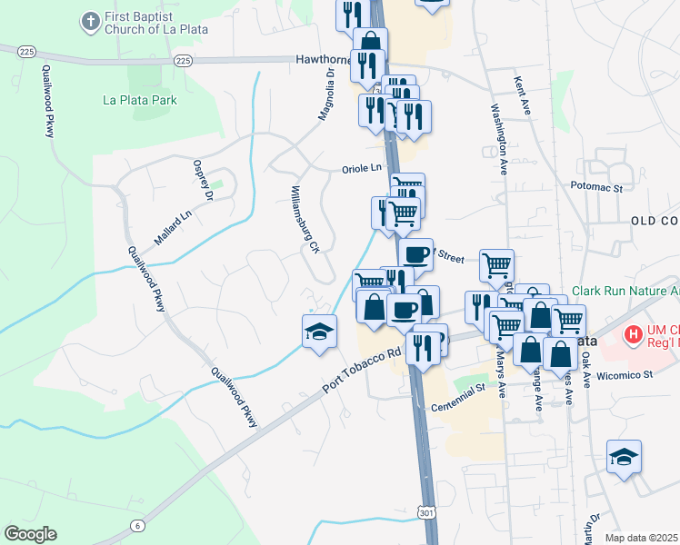 map of restaurants, bars, coffee shops, grocery stores, and more near 132 Hawthorne Greene Circle in La Plata