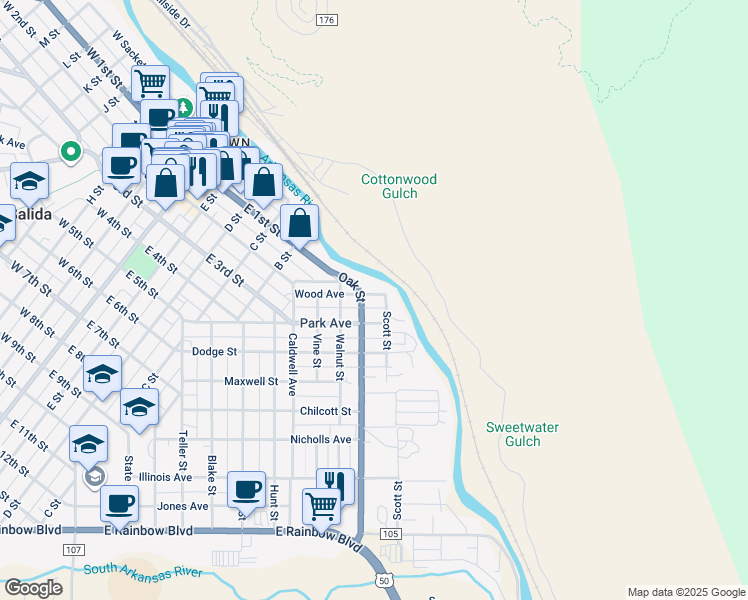 map of restaurants, bars, coffee shops, grocery stores, and more near 123 Oak Street in Salida