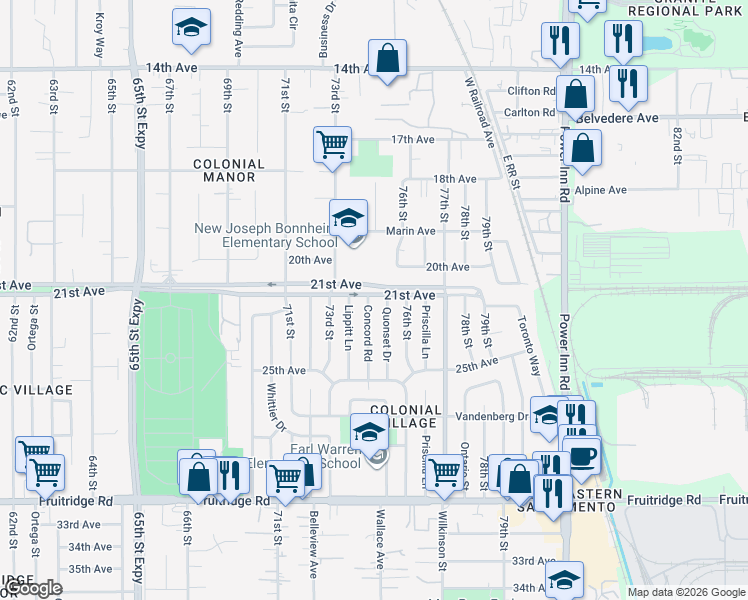 map of restaurants, bars, coffee shops, grocery stores, and more near 4817 Concord Road in Sacramento