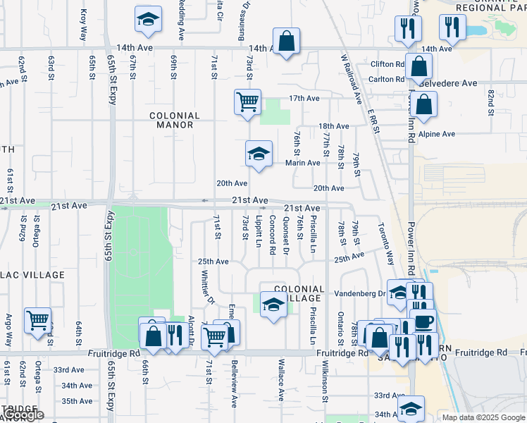 map of restaurants, bars, coffee shops, grocery stores, and more near 4817 Concord Road in Sacramento