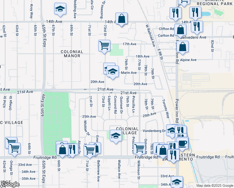 map of restaurants, bars, coffee shops, grocery stores, and more near 4817 Concord Road in Sacramento