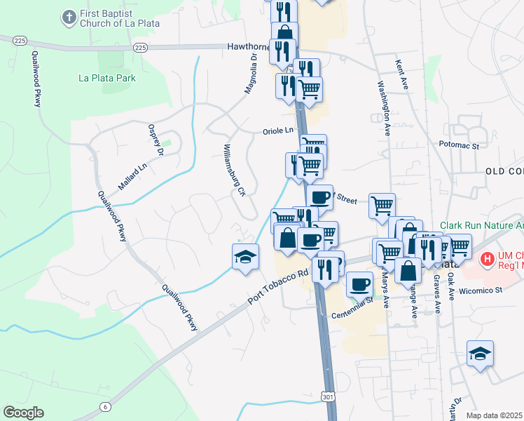 map of restaurants, bars, coffee shops, grocery stores, and more near 132 Hawthorne Greene Circle in La Plata