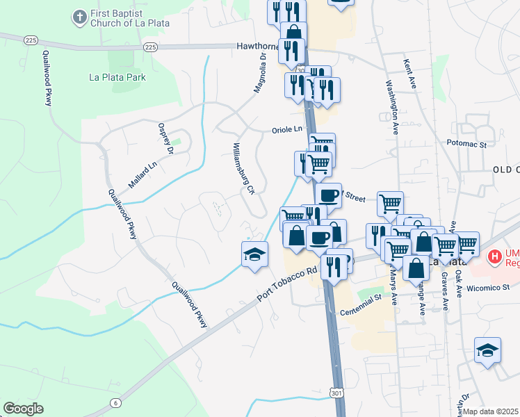 map of restaurants, bars, coffee shops, grocery stores, and more near 133 Hawthorne Greene Circle in La Plata