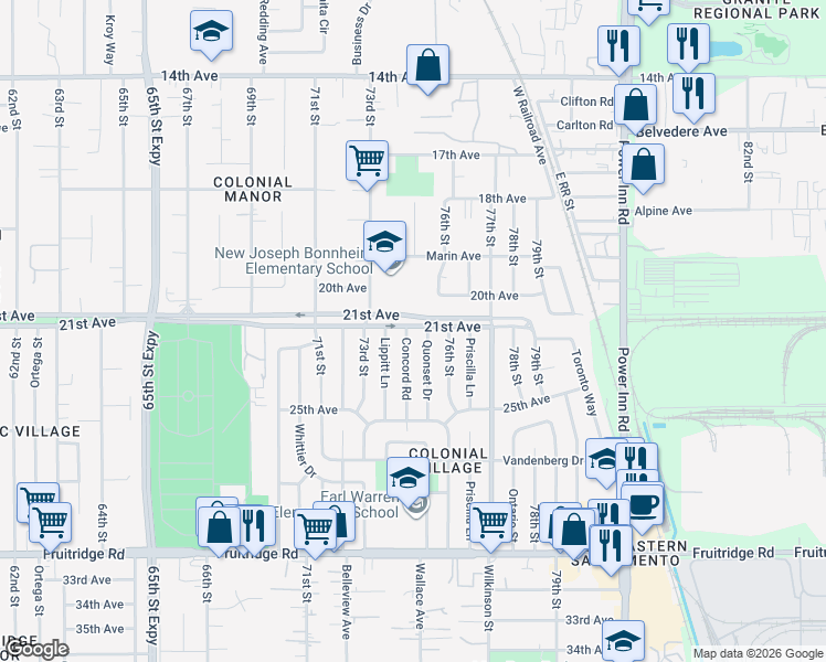 map of restaurants, bars, coffee shops, grocery stores, and more near 4817 Concord Road in Sacramento