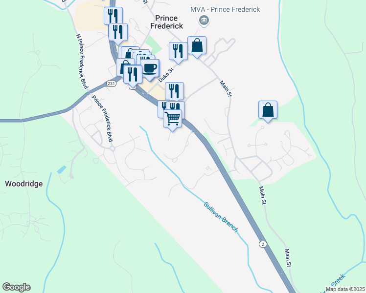 map of restaurants, bars, coffee shops, grocery stores, and more near 111 Westlake Boulevard in Prince Frederick