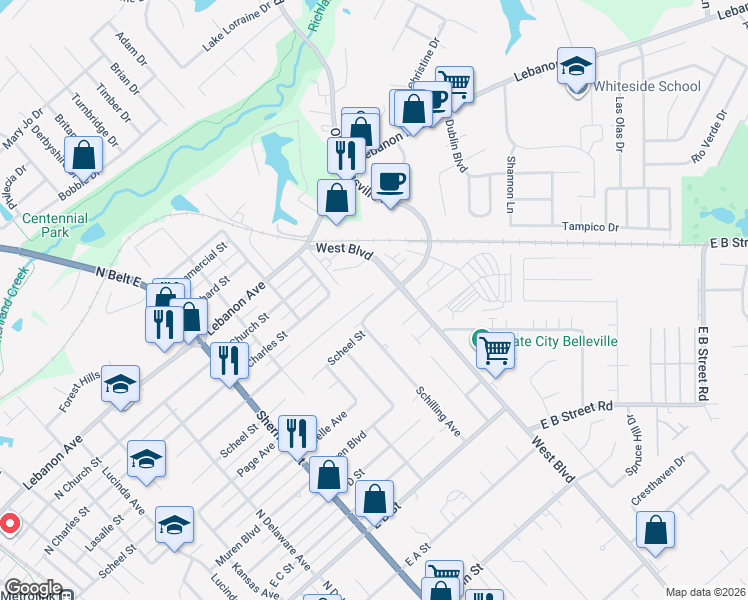 map of restaurants, bars, coffee shops, grocery stores, and more near 2020 Lasalle Street in Belleville