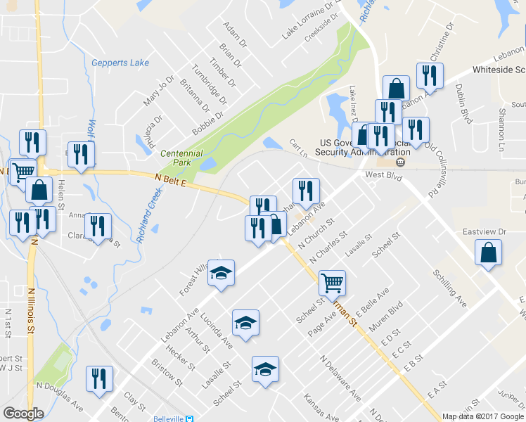 map of restaurants, bars, coffee shops, grocery stores, and more near 1302 Commercial St in Belleville