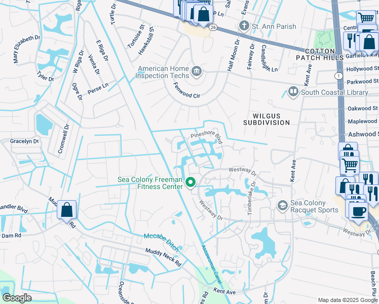 map of restaurants, bars, coffee shops, grocery stores, and more near 38948 Cypress Lake Circle in Bethany Beach