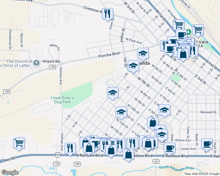 map of restaurants, bars, coffee shops, grocery stores, and more near 929 J Street in Salida