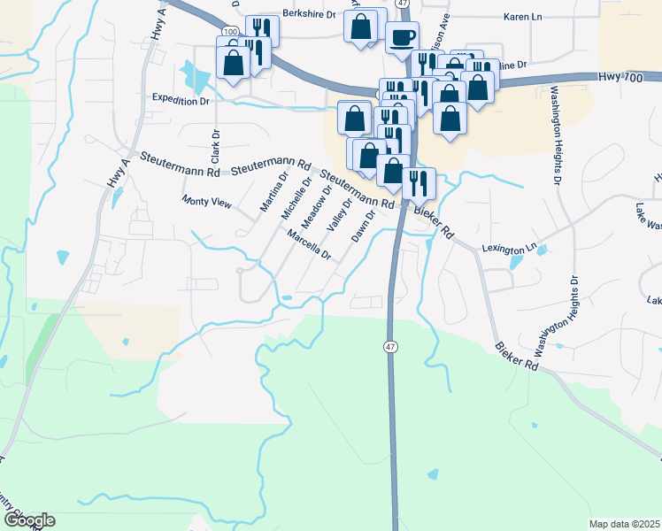 map of restaurants, bars, coffee shops, grocery stores, and more near 121 Dawn Drive in Washington