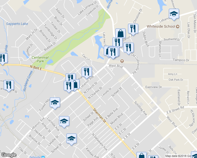 map of restaurants, bars, coffee shops, grocery stores, and more near 1837 North Church Street in Belleville