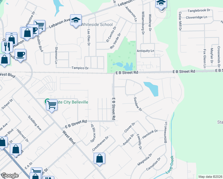 map of restaurants, bars, coffee shops, grocery stores, and more near 2775 East B Street Road in Belleville