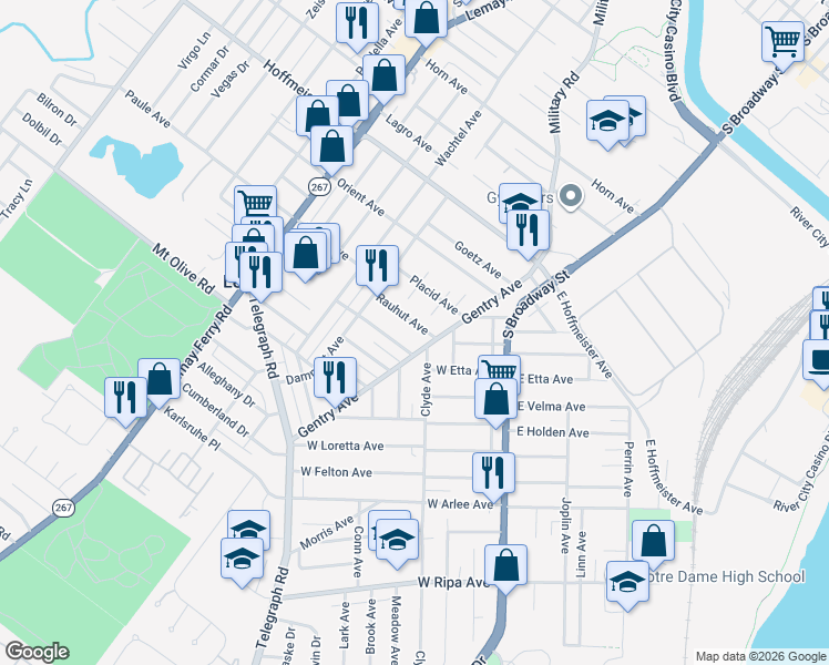 map of restaurants, bars, coffee shops, grocery stores, and more near 334 Rauhut Avenue in St. Louis