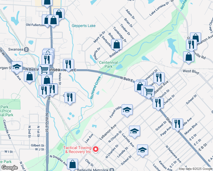 map of restaurants, bars, coffee shops, grocery stores, and more near 317 North Belt East in Belleville
