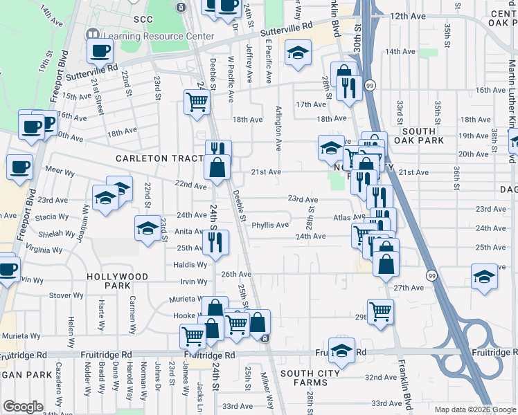 map of restaurants, bars, coffee shops, grocery stores, and more near 2541 Atlas Avenue in Sacramento