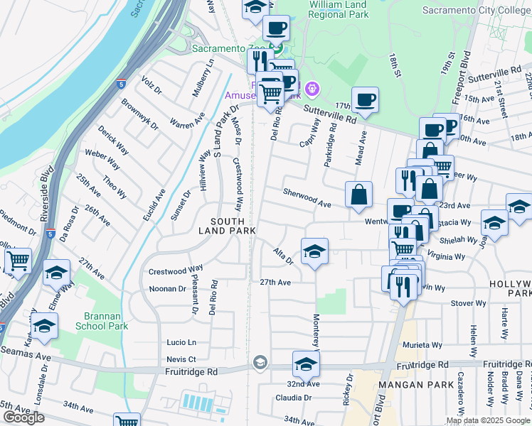 map of restaurants, bars, coffee shops, grocery stores, and more near 4781 Del Rio Road in Sacramento