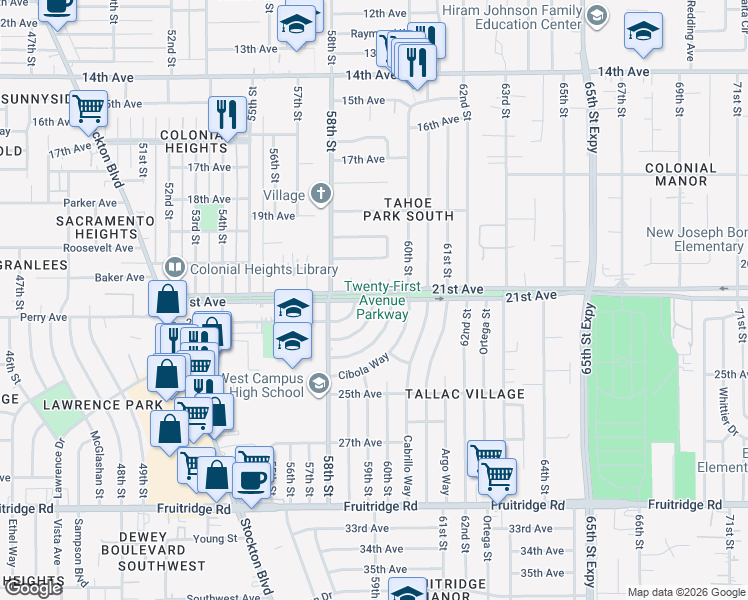 map of restaurants, bars, coffee shops, grocery stores, and more near 21st Ave & Morena Way in Sacramento