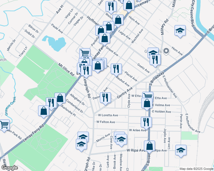 map of restaurants, bars, coffee shops, grocery stores, and more near 1213 Dammert Avenue in St. Louis