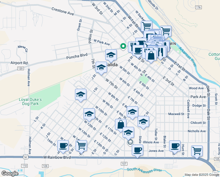 map of restaurants, bars, coffee shops, grocery stores, and more near 729 H Street in Salida