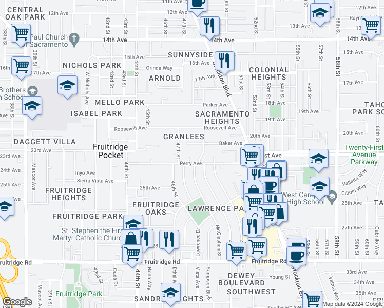 map of restaurants, bars, coffee shops, grocery stores, and more near 9 Rail Court in Sacramento