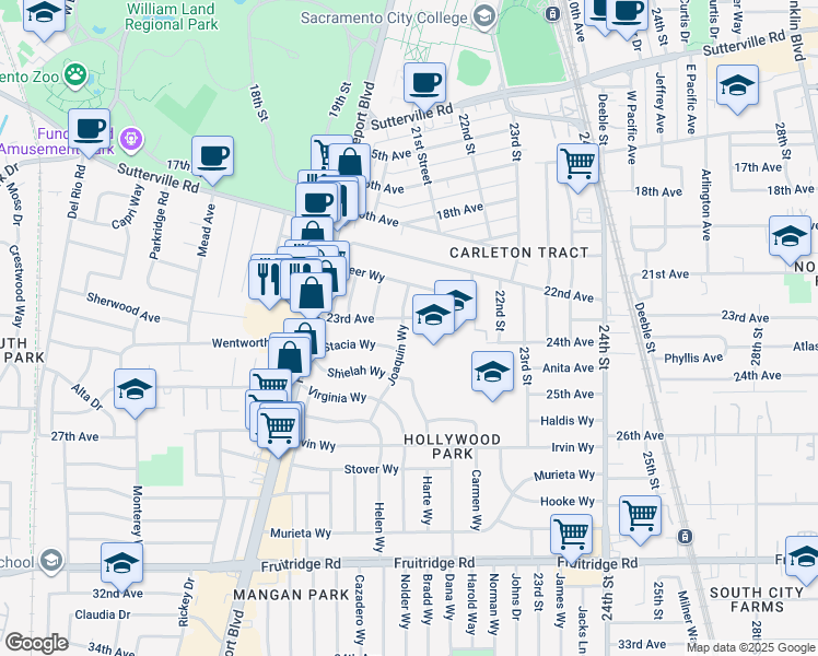 map of restaurants, bars, coffee shops, grocery stores, and more near 4671 Joaquin Way in Sacramento