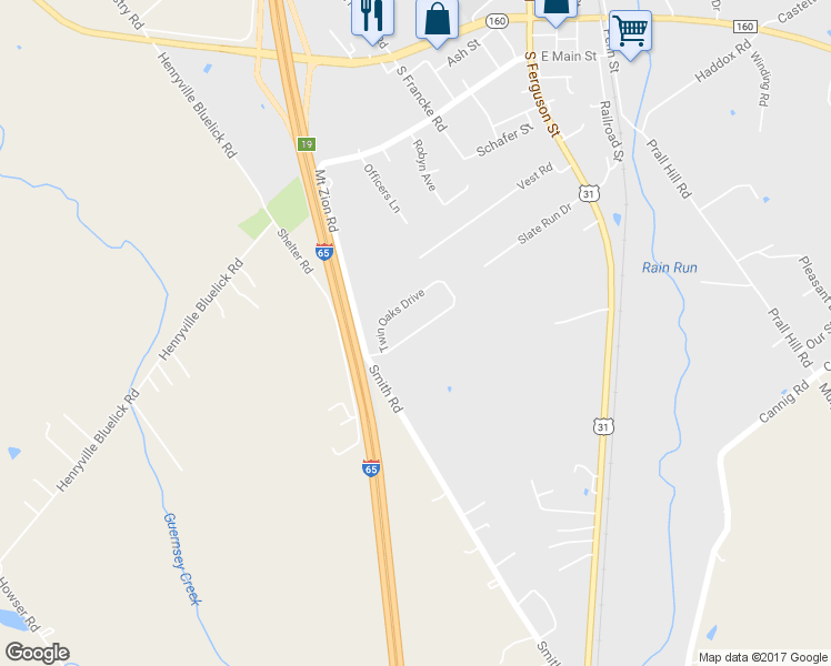 map of restaurants, bars, coffee shops, grocery stores, and more near Twin Oaks Drive in Henryville
