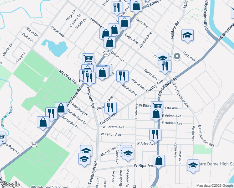map of restaurants, bars, coffee shops, grocery stores, and more near 1213 Dammert Avenue in St. Louis