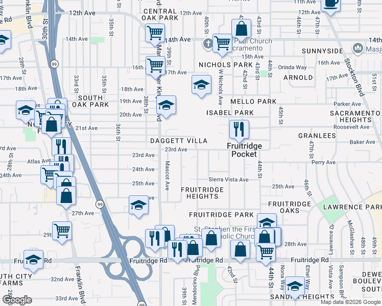 map of restaurants, bars, coffee shops, grocery stores, and more near 3924 23rd Avenue in Sacramento