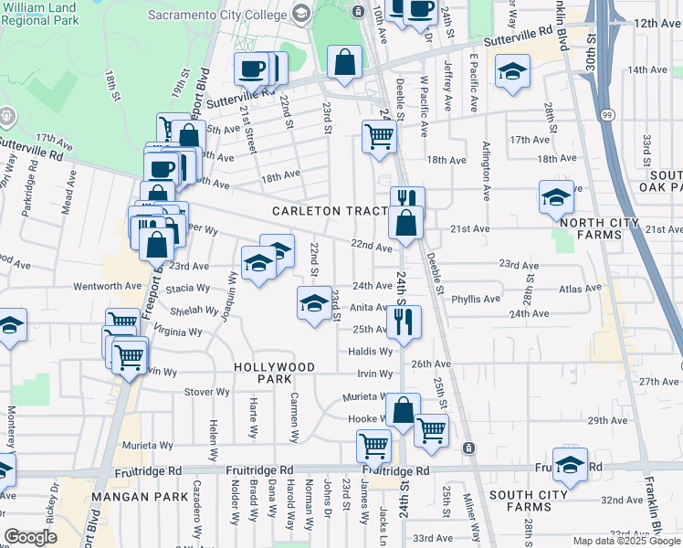 map of restaurants, bars, coffee shops, grocery stores, and more near 4706 23rd Street in Sacramento