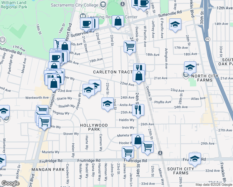 map of restaurants, bars, coffee shops, grocery stores, and more near 4706 23rd Street in Sacramento