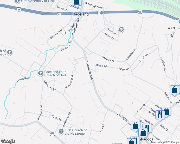 map of restaurants, bars, coffee shops, grocery stores, and more near 1101 Raceland Avenue in Raceland